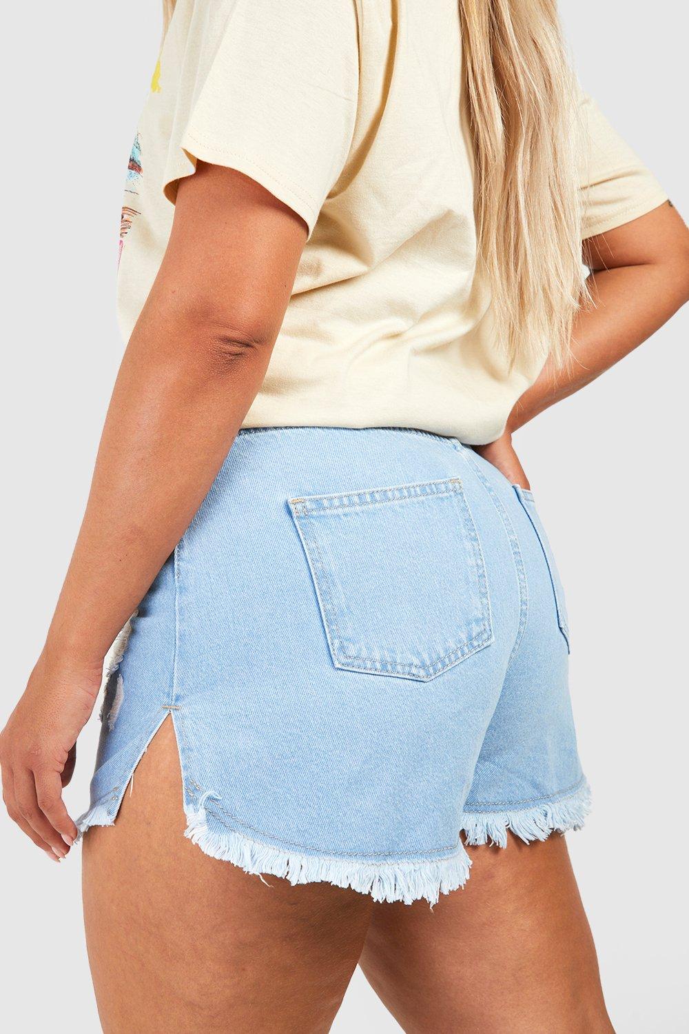 Blue light wash extreme ripped hem high store waist denim shorts